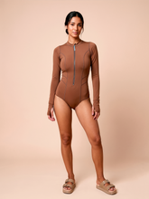 Cargar imagen en el visor de la galería, Gallery: Uv Line One-Piece Long Sleeve Swimsuit Macae Brown Upf50+