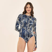 Cargar imagen en el visor de la galería, Model Front: Uv Line One-Piece Swimsuit Macae Coconut Palms Navy Blue Upf50+