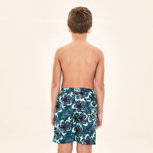 Cargar imagen en el visor de la galería, Model Back: Uv Line Boy's Swimwear Shorts Aqua Hibiscus Kids Upf50+