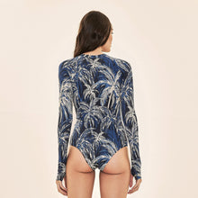 Cargar imagen en el visor de la galería, Model Back: Uv Line One-Piece Swimsuit Macae Coconut Palms Navy Blue Upf50+
