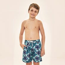 Cargar imagen en el visor de la galería, Model Front: Uv Line Boy's Swimwear Shorts Aqua Hibiscus Kids Upf50+
