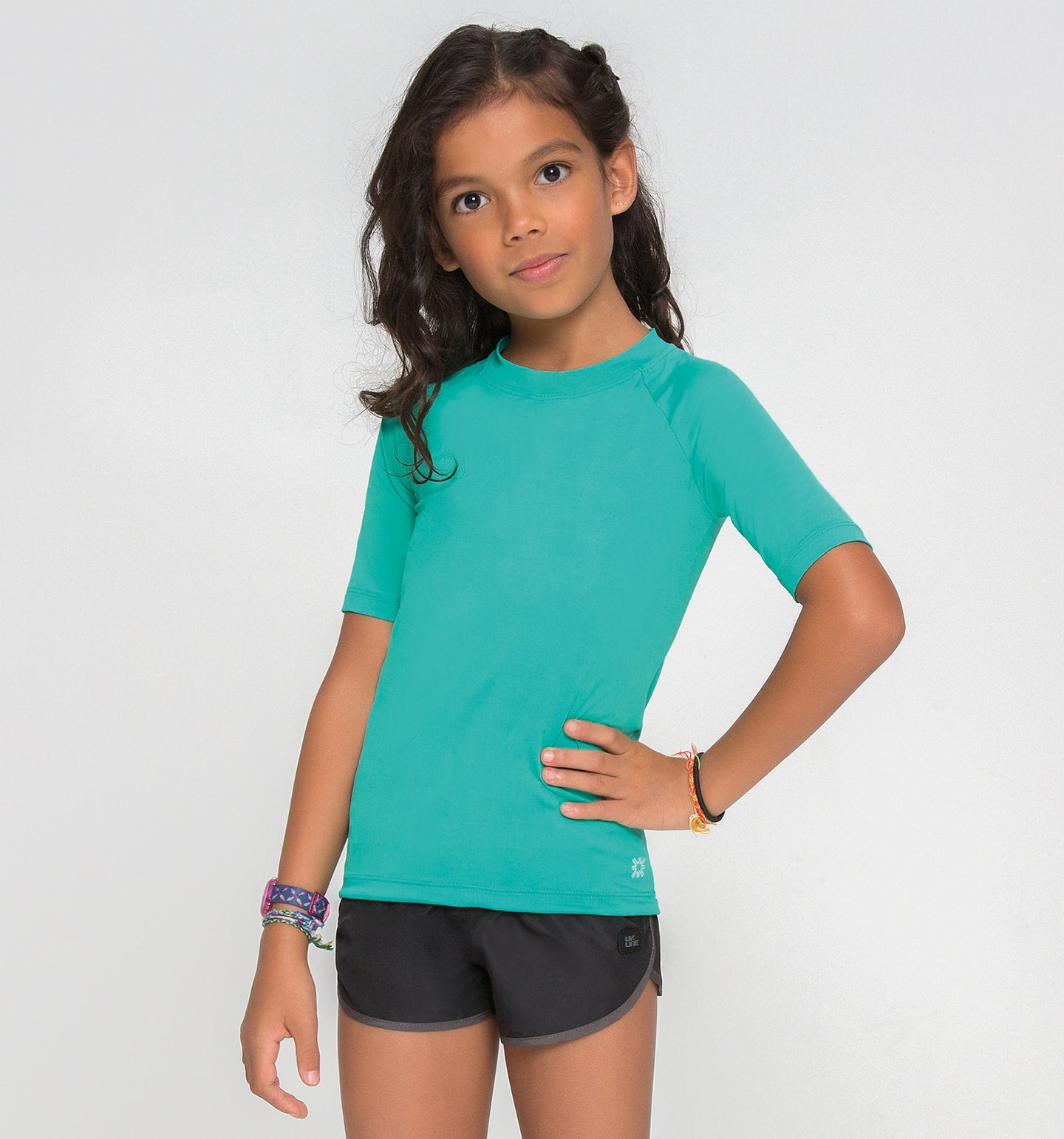 Model Front: Uv Line Rash Guard Kids Fpu50+ Uvpro Short Sleeve T-Shirt Mint Green Uv